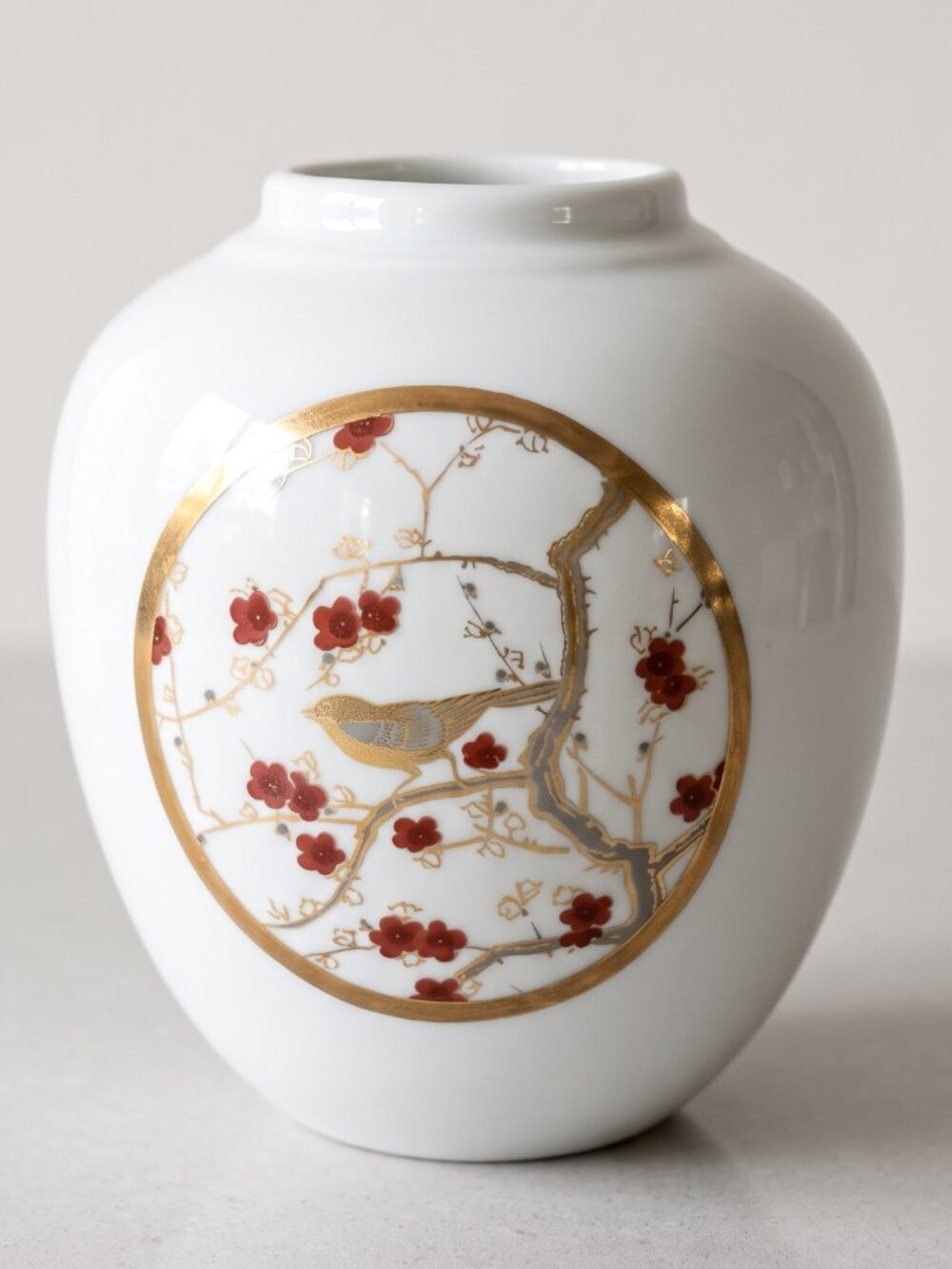 Vintage Japanese Art of Chokin Porcelain Vase Bird Plum Blossom Gold 4.5"